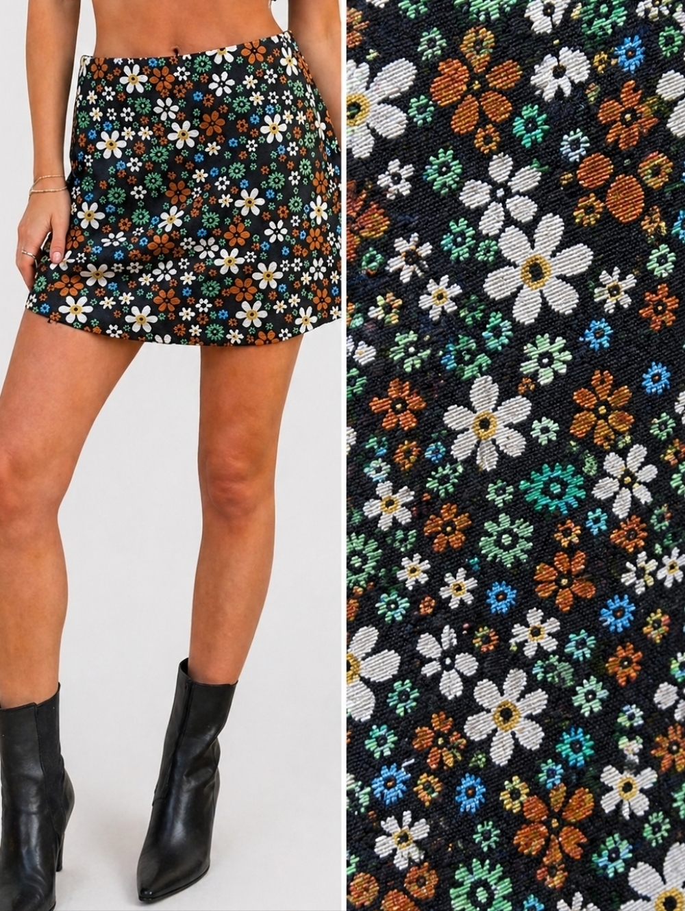 Pink Lily Retro Daisy Pattern Black Multicolor A-Line Skirt Women Size Large